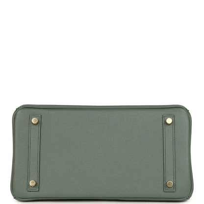 Elegant sage green leather handbag base with gold tone feet, timeless and sophisticated