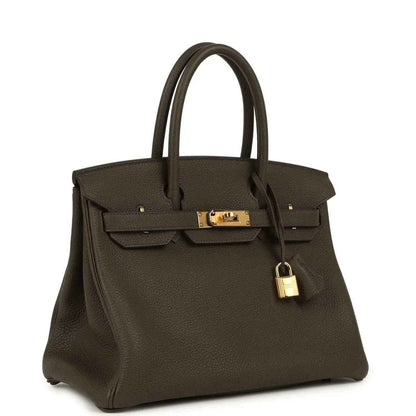 Timeless dark brown leather handbag with elegant gold hardware and sophisticated structure.
