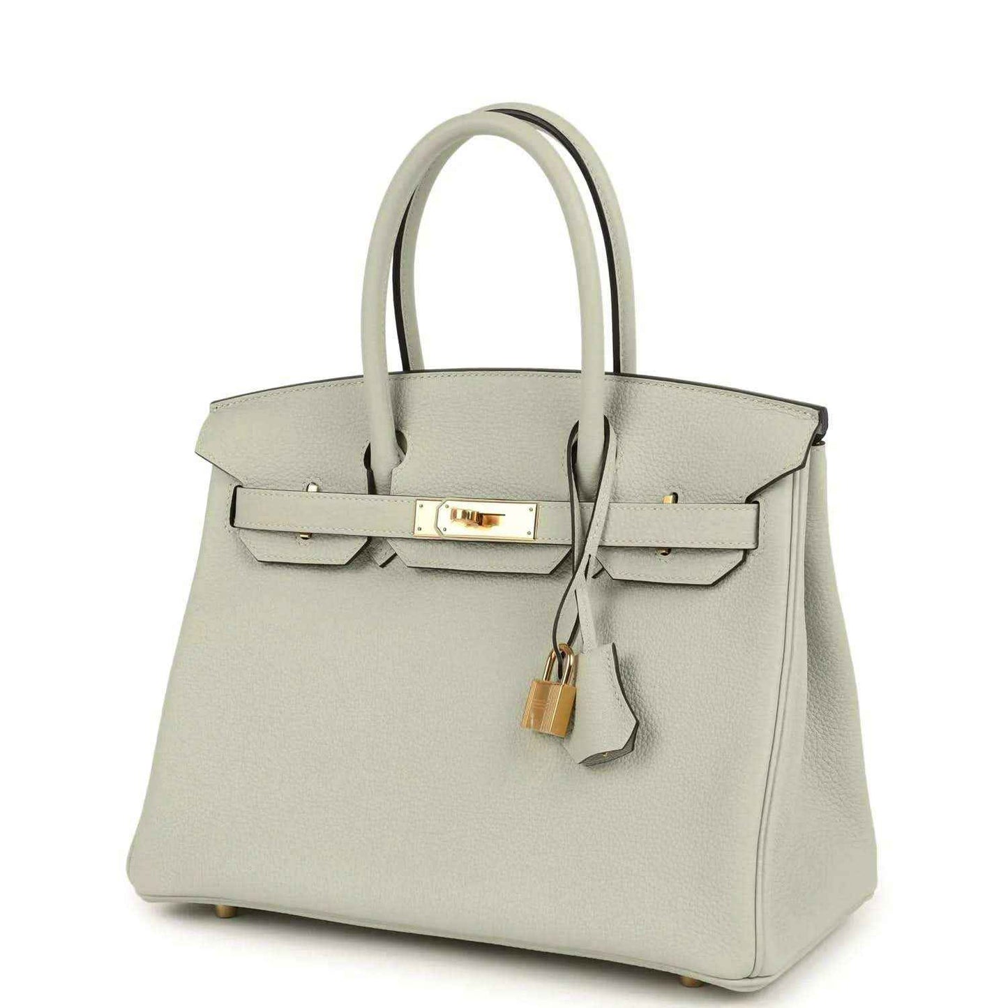 Elegant light grey leather handbag with gold hardware, timeless and sophisticated style.