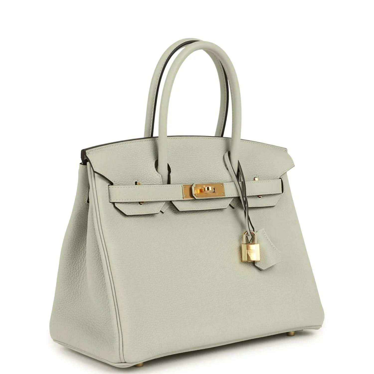 Timeless, elegant light grey leather handbag with gold hardware and structured silhouette.