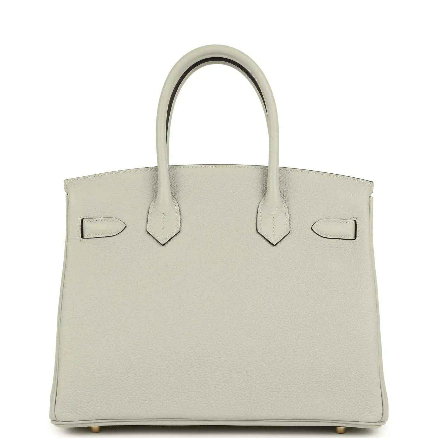 Elegant light grey leather handbag with top handles, timeless and sophisticated design.