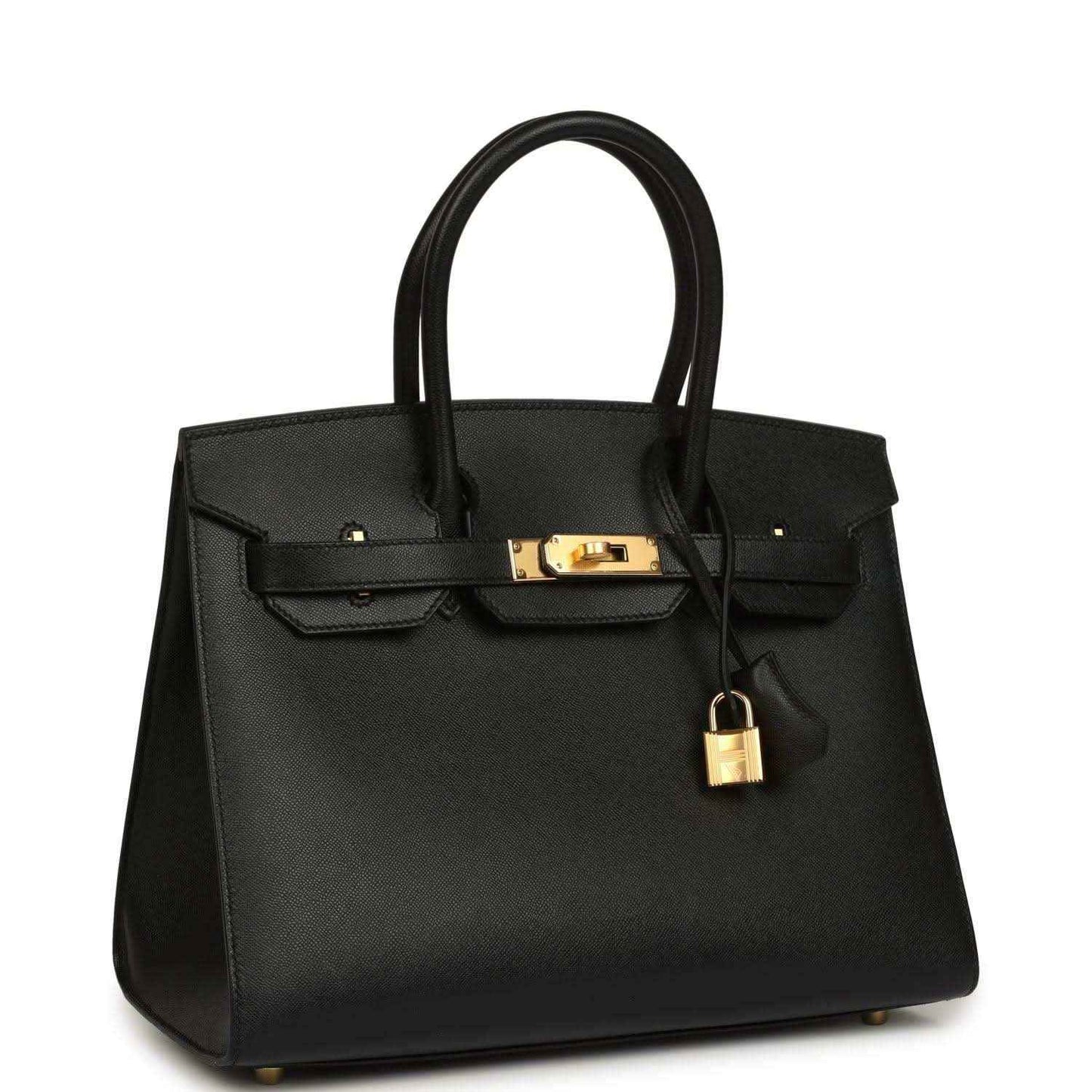 Elegant black leather handbag with gold hardware, timeless and sophisticated style.