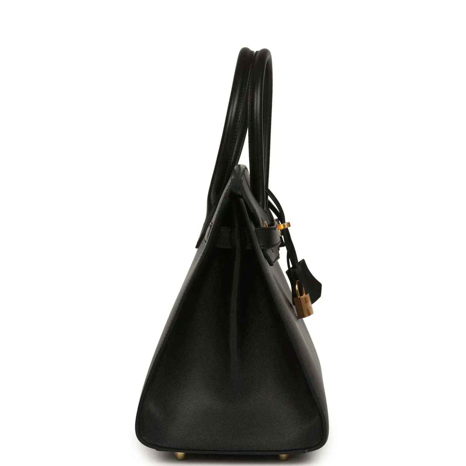 Elegant black leather handbag with gold accents, timeless and sophisticated side view
