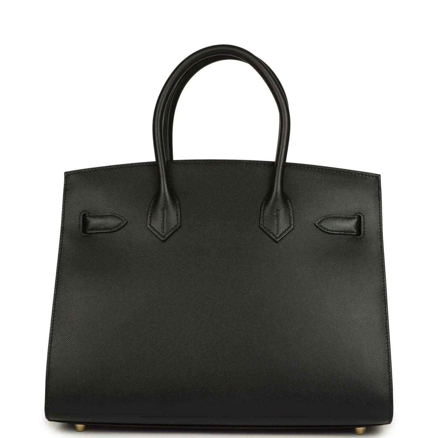 Timeless black leather handbag with elegant structured silhouette and refined handles.