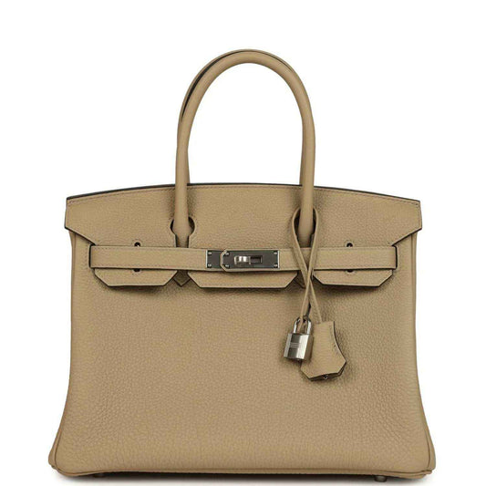 Timeless, elegant taupe leather handbag with silver hardware and sophisticated structure.