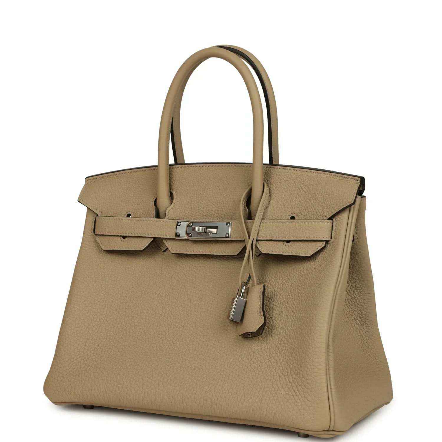 Elegant taupe leather handbag with silver hardware and top handles, timeless and sophisticated