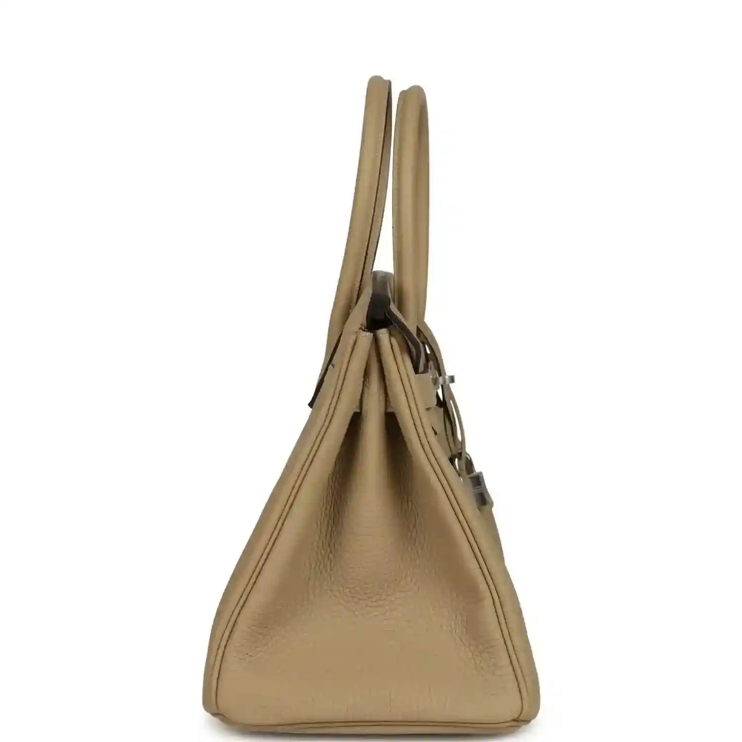 Timeless taupe leather handbag with elegant structured silhouette and refined handles.