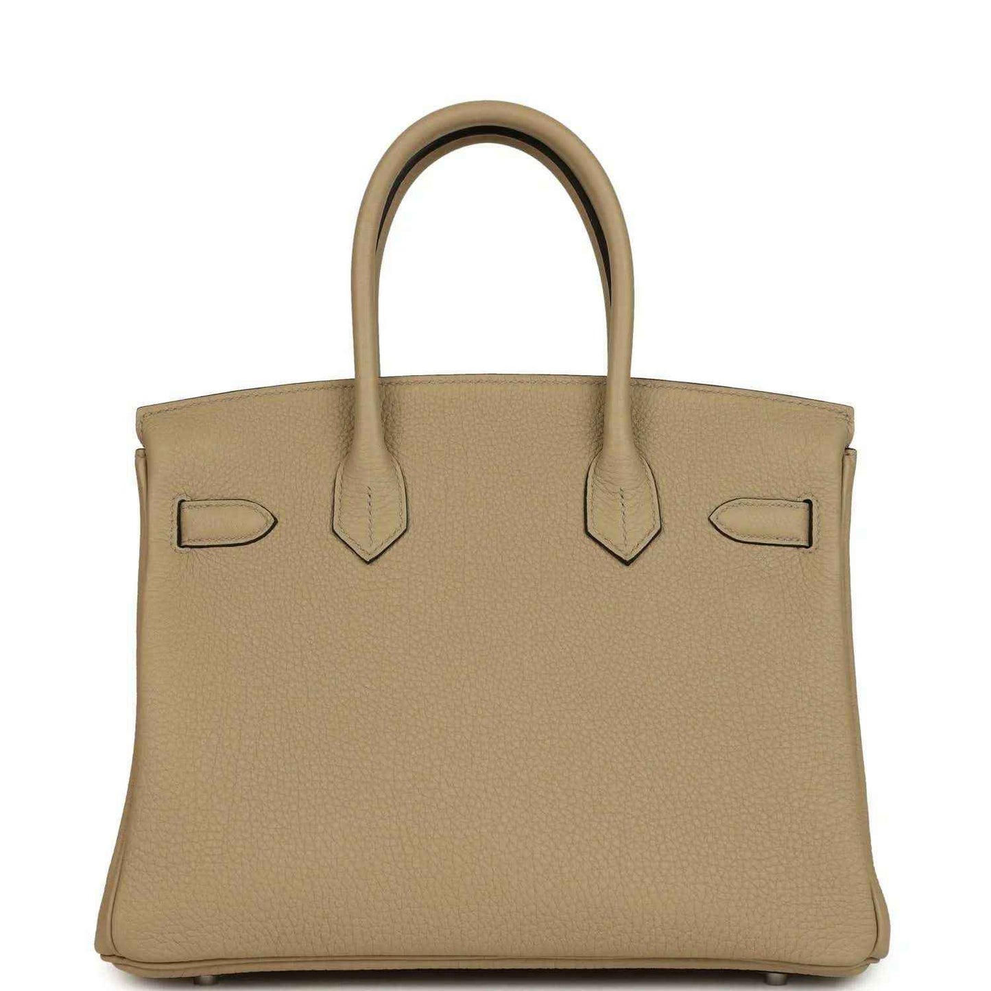 Timeless, sophisticated taupe leather handbag with elegant top handles and refined texture.