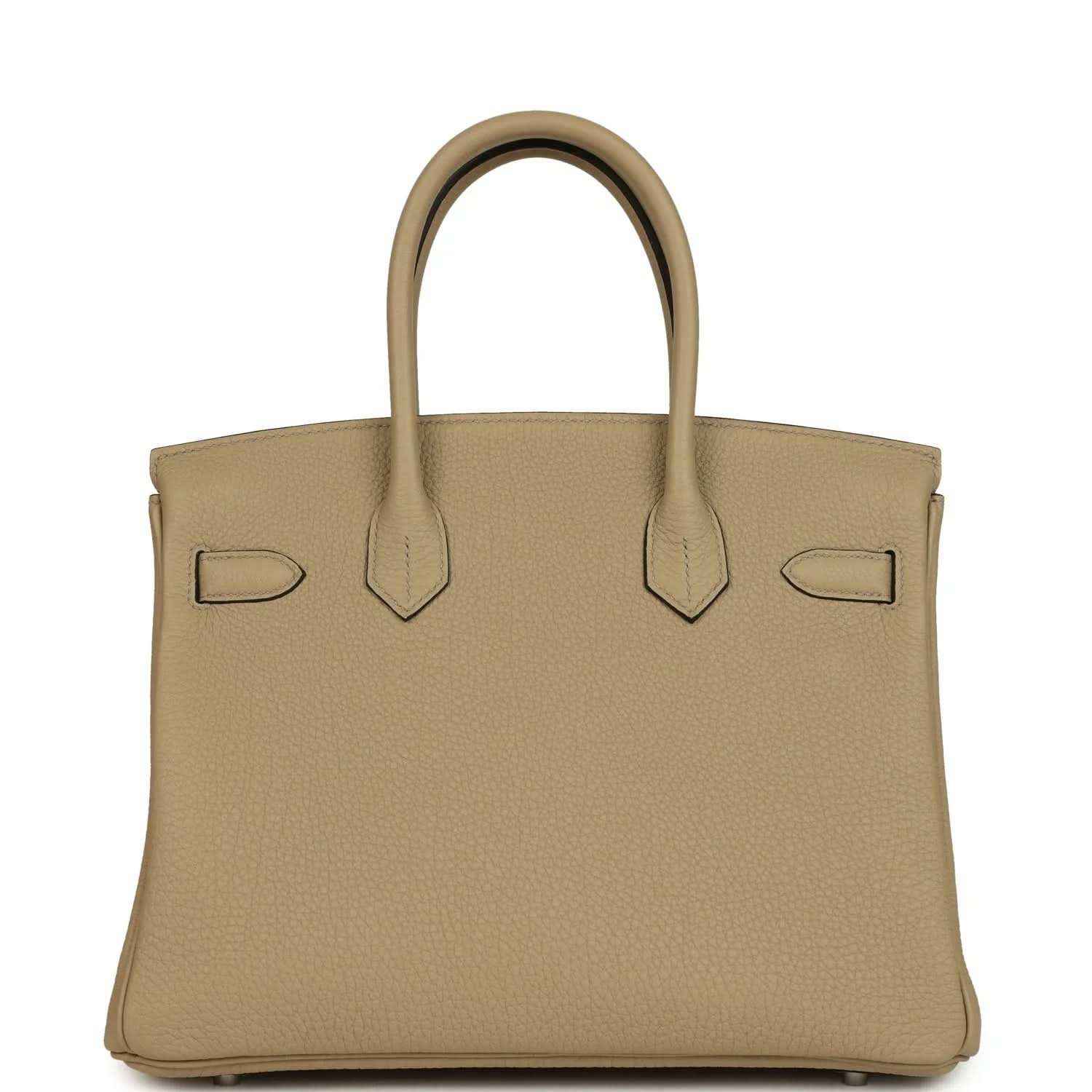 Timeless, sophisticated taupe leather handbag with elegant top handles and refined texture.