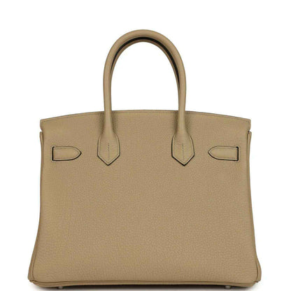 Timeless, sophisticated taupe leather handbag with elegant top handles and refined texture.