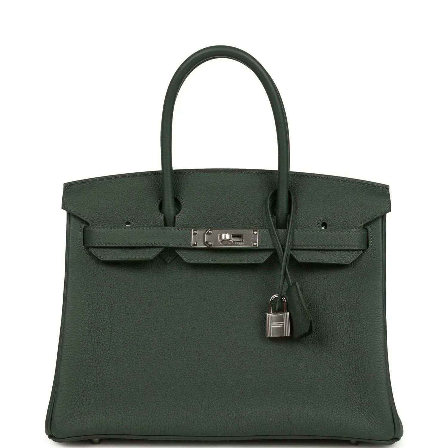 Timeless dark green leather handbag with silver hardware and elegant structured design