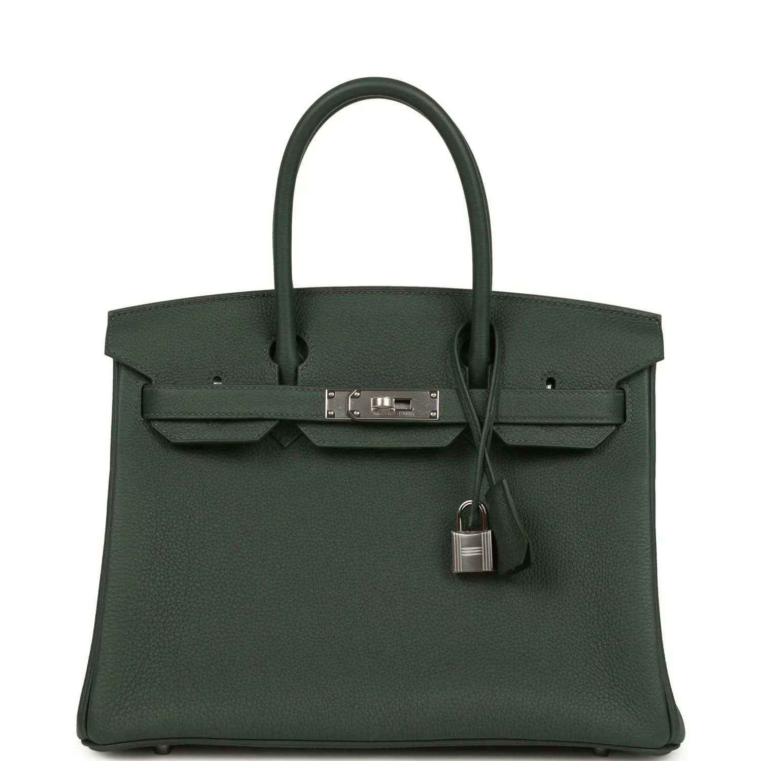 Timeless dark green leather handbag with silver hardware and elegant structured design