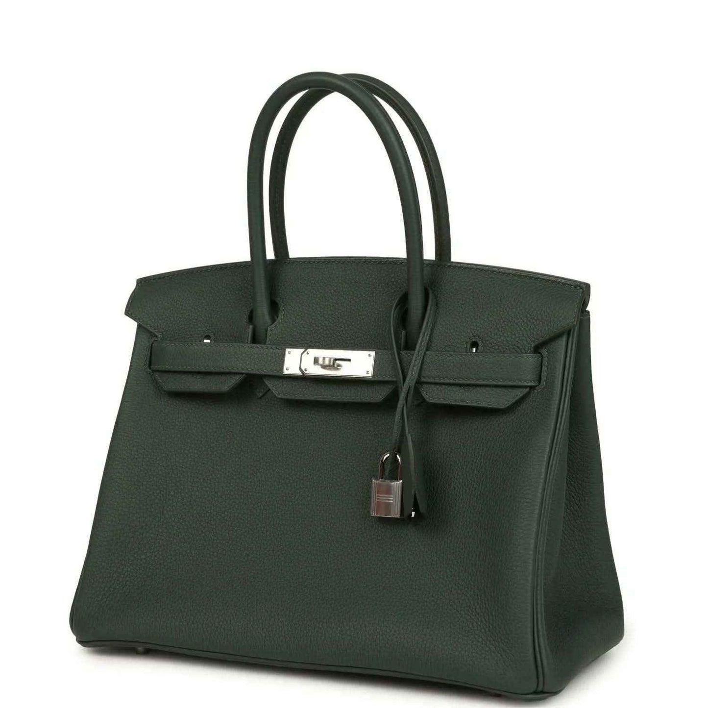 Timeless dark green leather handbag with elegant silver hardware and structured silhouette.