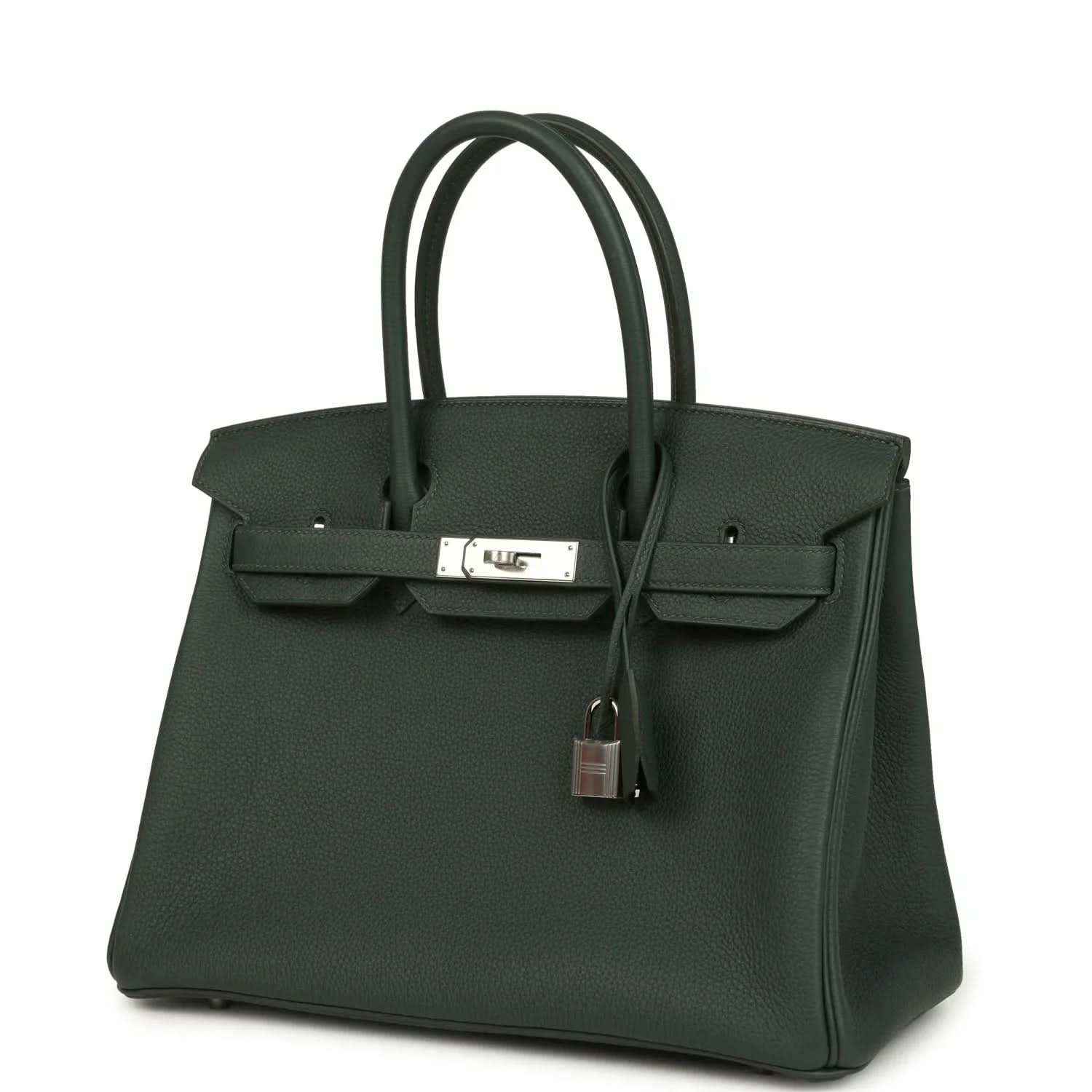 Timeless dark green leather handbag with elegant silver hardware and structured silhouette.