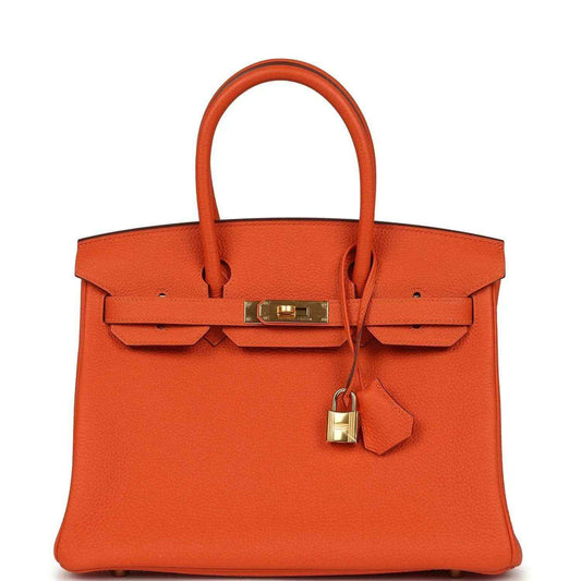 Timeless orange leather handbag with gold hardware, sophisticated and elegant style.