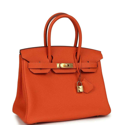 Elegant orange leather handbag with gold hardware and a timeless, sophisticated design.