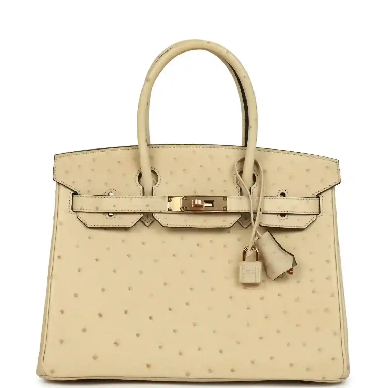 Timeless and elegant cream ostrich leather handbag with gold hardware and top handles.