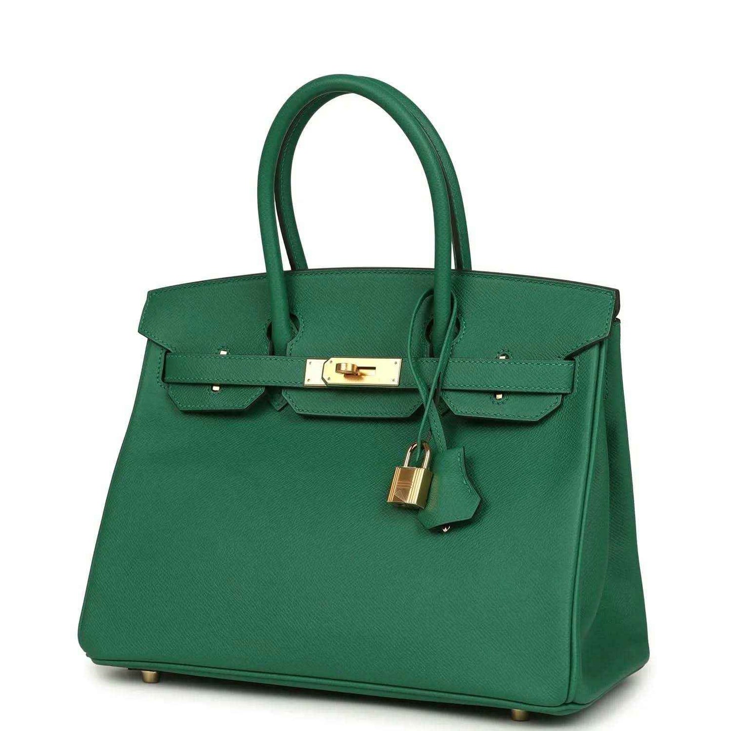 Elegant green leather handbag with gold hardware and structured, timeless design