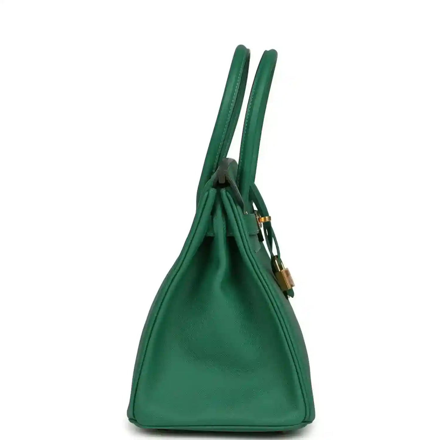 Elegant green leather handbag with gold accents, timeless and sophisticated side profile