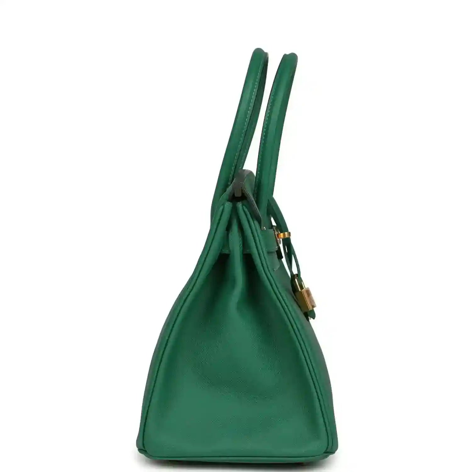 Elegant green leather handbag with gold accents, timeless and sophisticated side profile