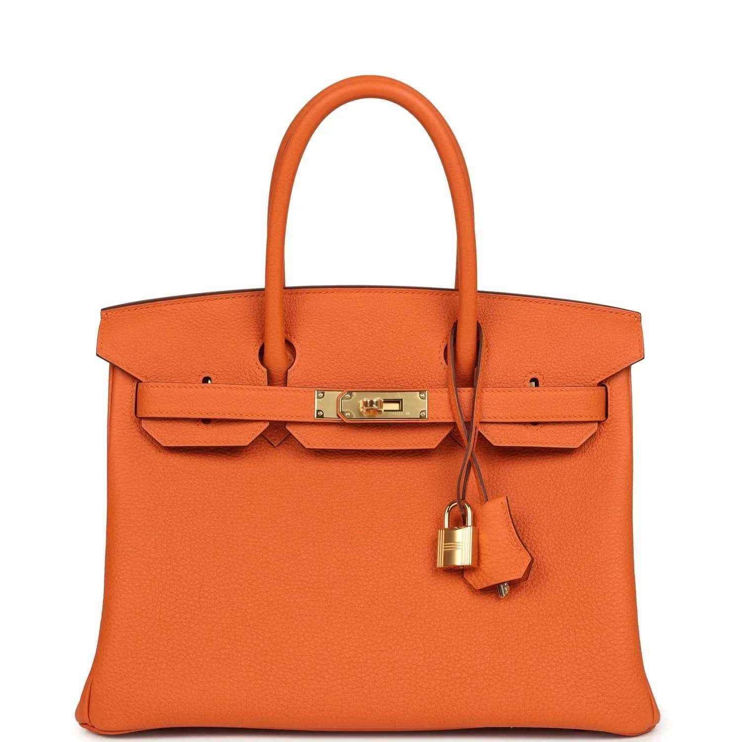 Timeless orange leather handbag with gold hardware and elegant top handles, sophisticated style