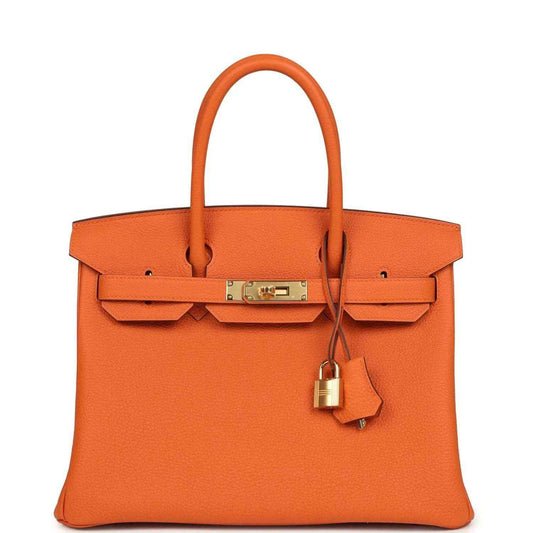 Timeless orange leather handbag with gold hardware and elegant top handles, sophisticated style