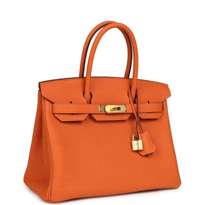 Elegant orange leather handbag with gold hardware and a timeless, sophisticated design