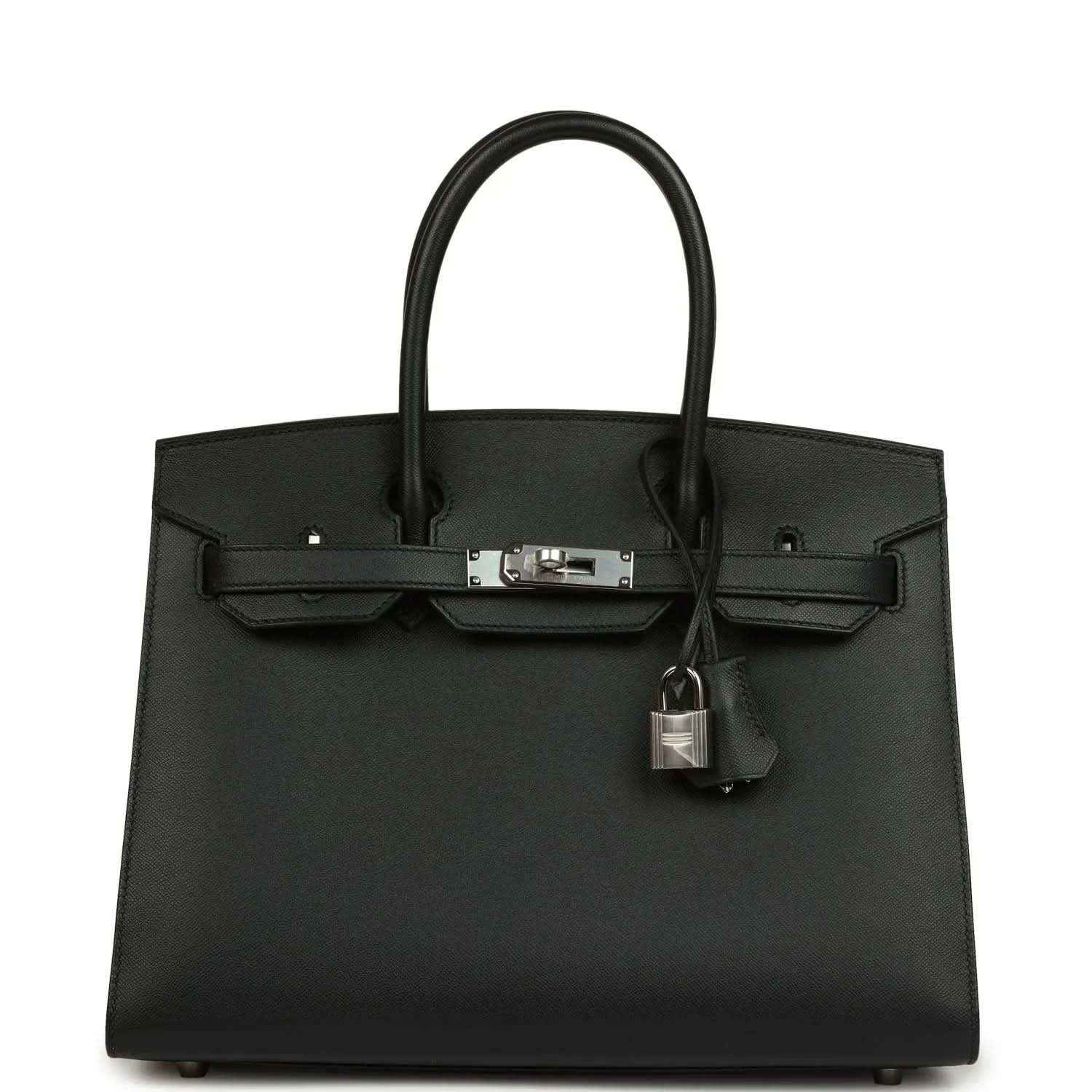 Timeless black leather handbag with elegant silver hardware and structured silhouette.