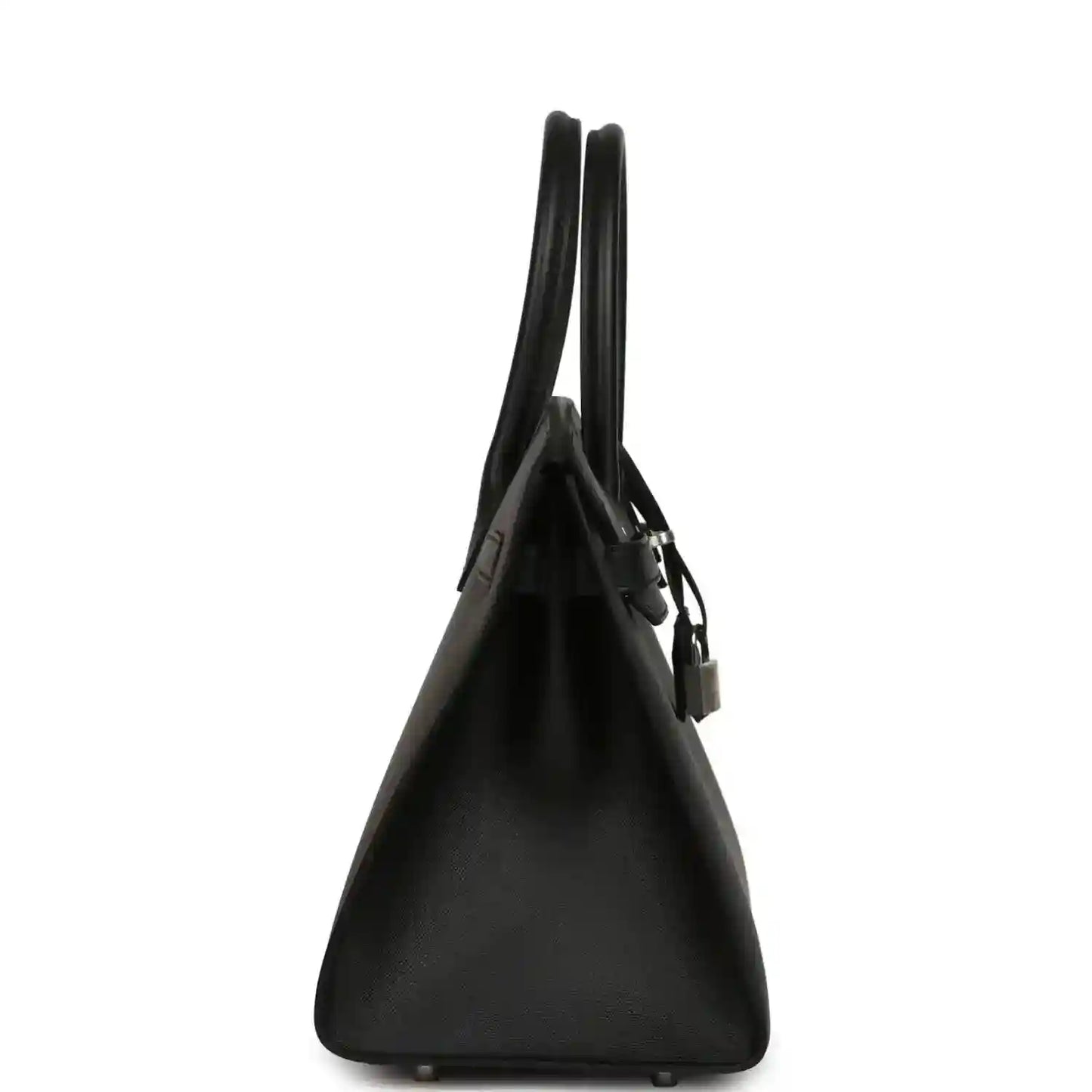 Elegant black leather handbag with structured silhouette and double handles, side view