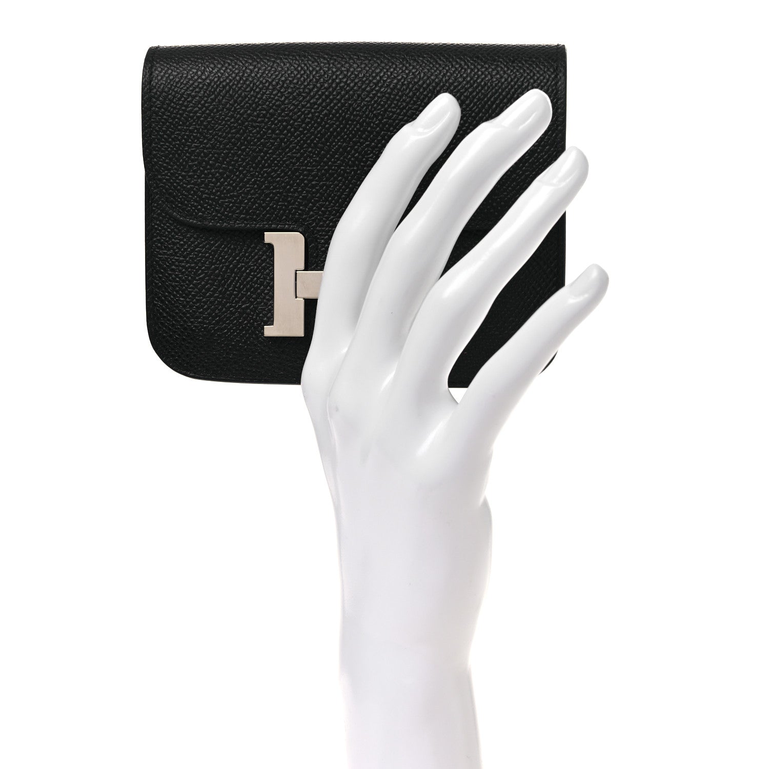 Black slim leather wallet front H clasp with hand for scale