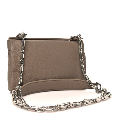 Grained calfskin mini pouch with top zip and silver chain crossbody straps