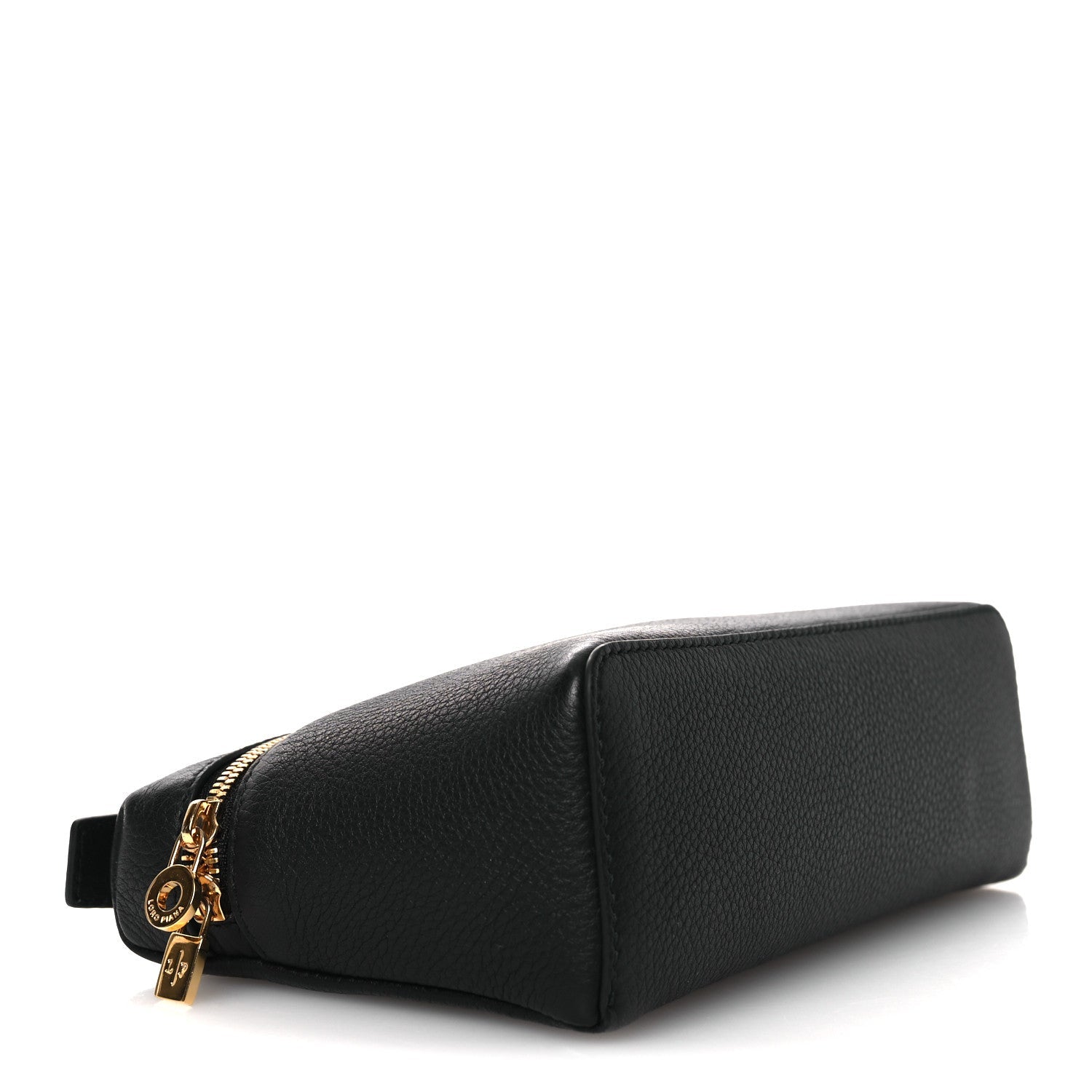 Black grained calfskin pouch with curved top, side zipper trim, and crossbody strap