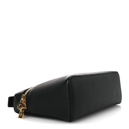 Black grained calfskin pouch with curved top, side zipper trim, and crossbody strap
