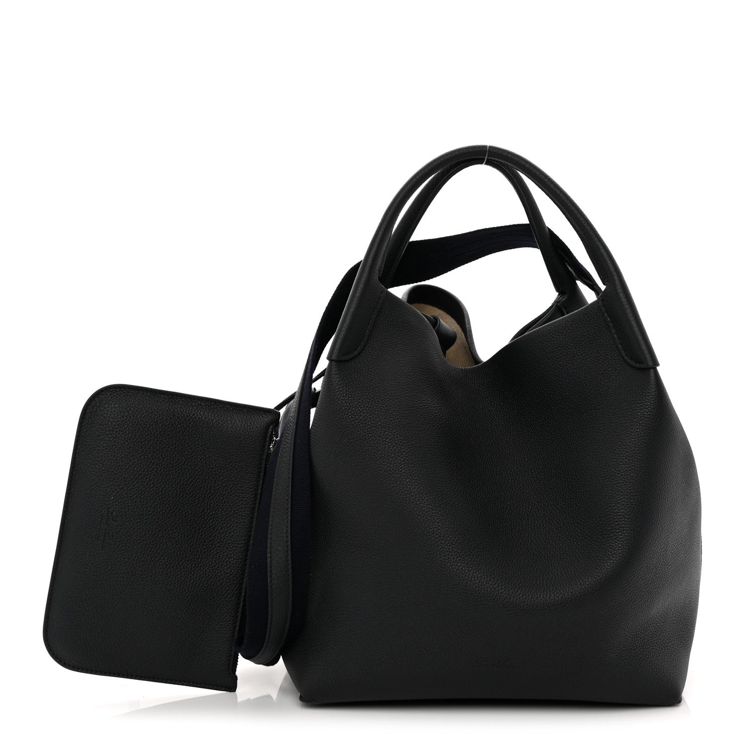Large dark navy tote bag with grained finish, top handles, and side pocket