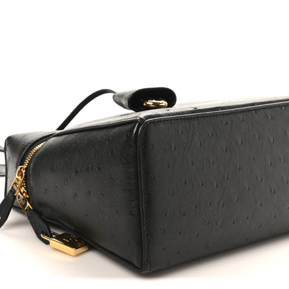 Black ostrich leather bag with top handle, gold-tone clasp, and crossbody strap.