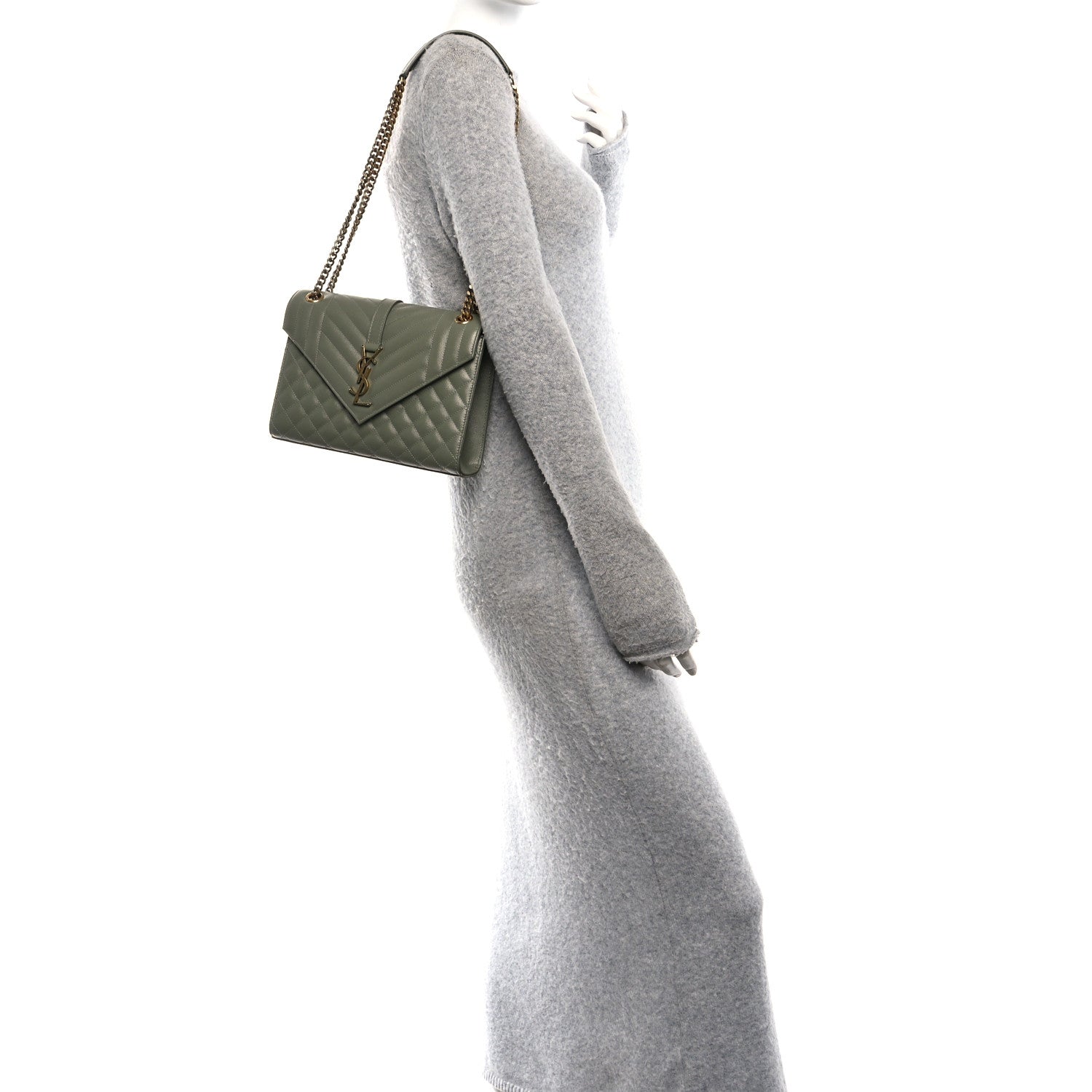Saint Laurent Grain De Poudre Matelasse Triquilt Medium Monogram Satchel Light Sage