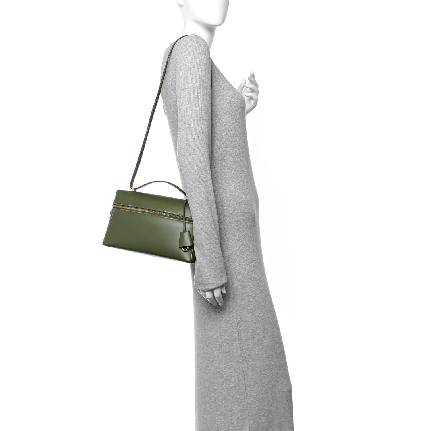 Olive green leather mini handbag with shoulder strap and structured rectangular shape