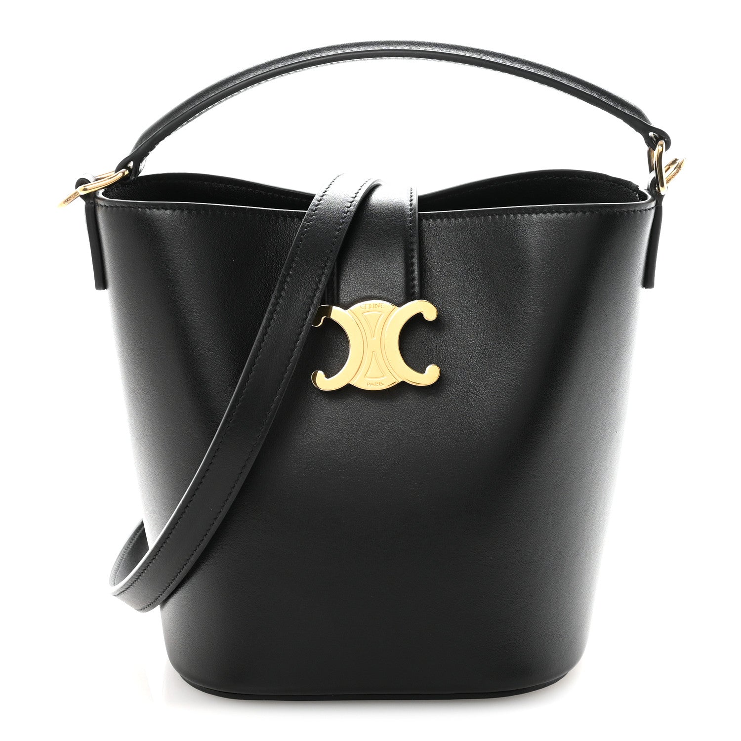 Small black Celine bucket bag with smooth finish, gold Triomphe logo, top handles