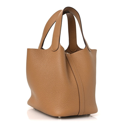 Picotin Lock 18 PM Bucket Bag Textured Calfskin Leather Biscuit