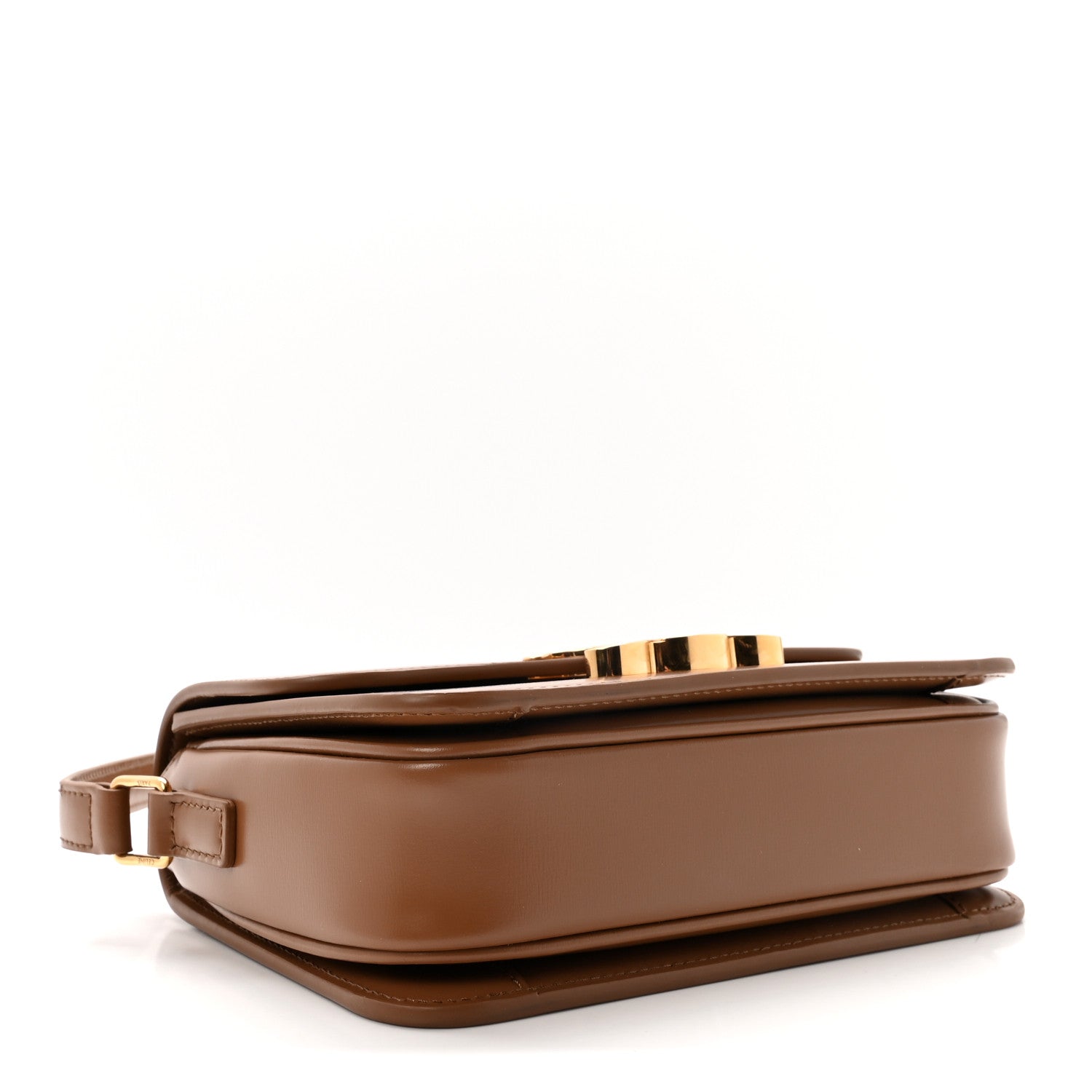Bronze shiny calfskin crossbody bag, side view with adjustable strap and gold hardware