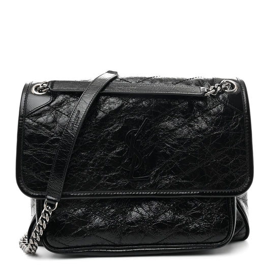 Saint Laurent Niki Medium Chain Satchel Crinkled Calfskin Black