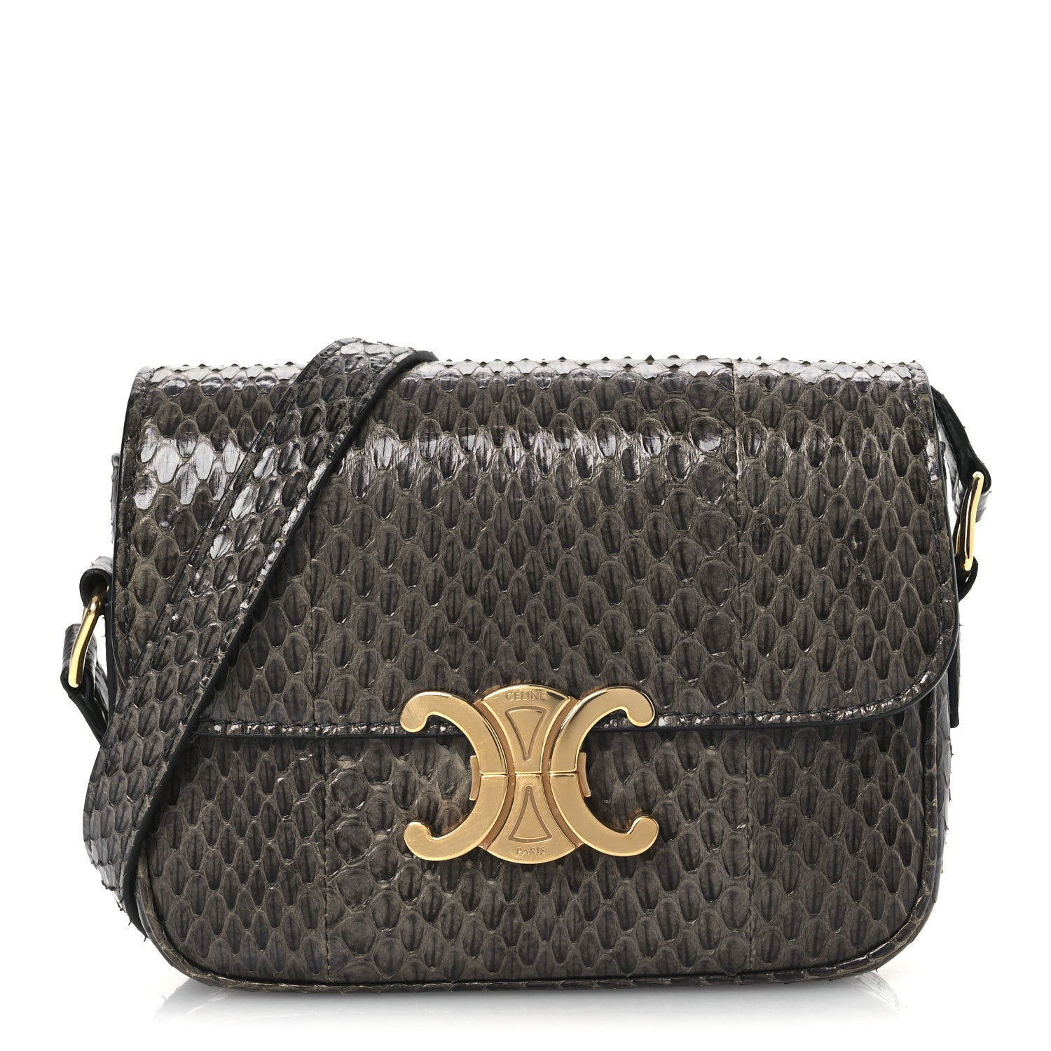 Grey snakeskin shoulder bag with flap and gold C clasp