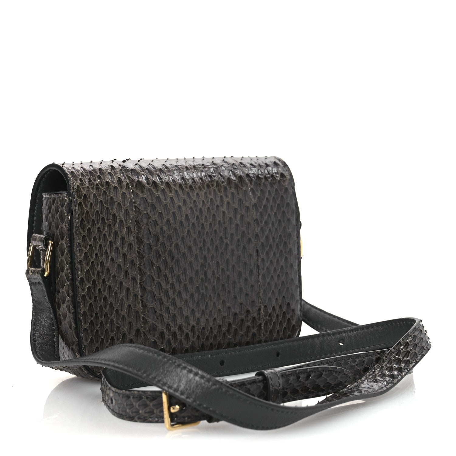 Grey snakeskin shoulder bag with flap, gold hardware, and crossbody strap