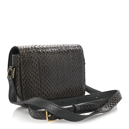 Grey snakeskin shoulder bag with flap, gold hardware, and crossbody strap