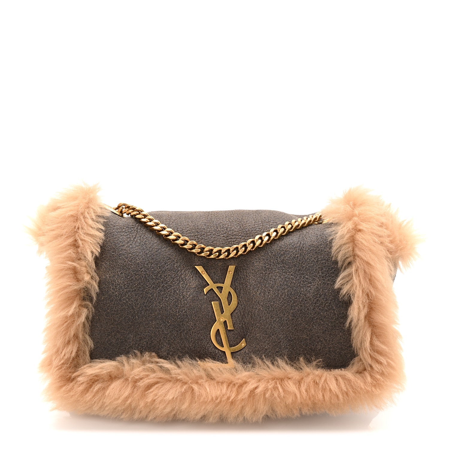 Saint Laurent Shearling Calfskin Small Reversible Monogram Kate Satchel Ecru Dark Brown
