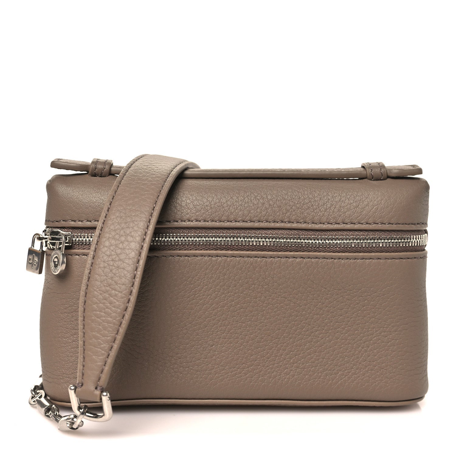 Mini leather pouch with grained finish, top zip, and adjustable chain strap in warm mastic