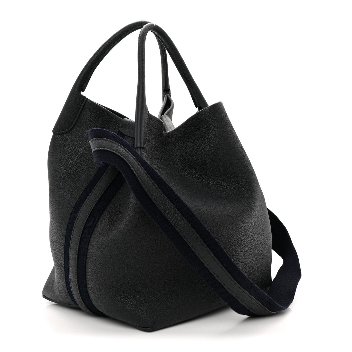Large hobo-style dark navy tote bag with crossbody strap and curved silhouette