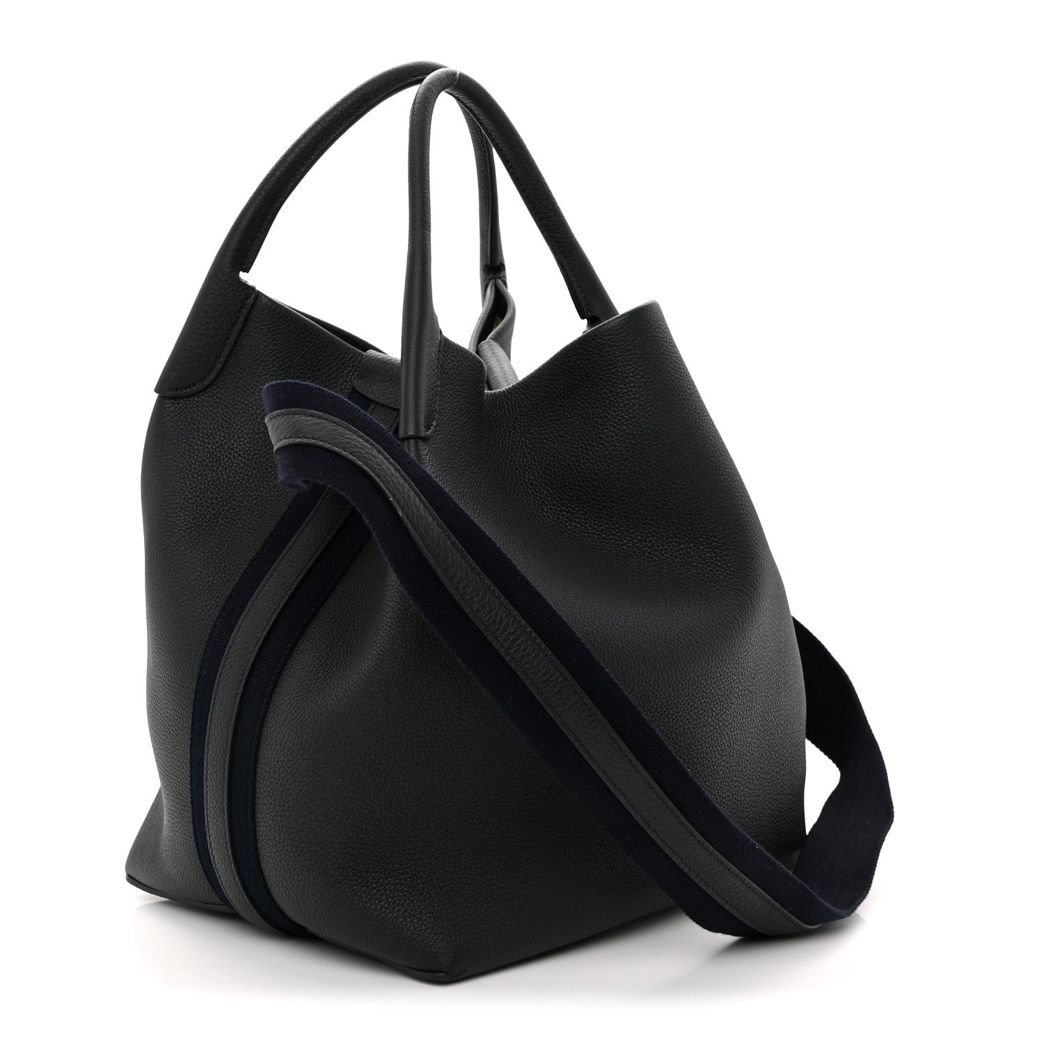 Large hobo-style dark navy tote bag with crossbody strap and curved silhouette