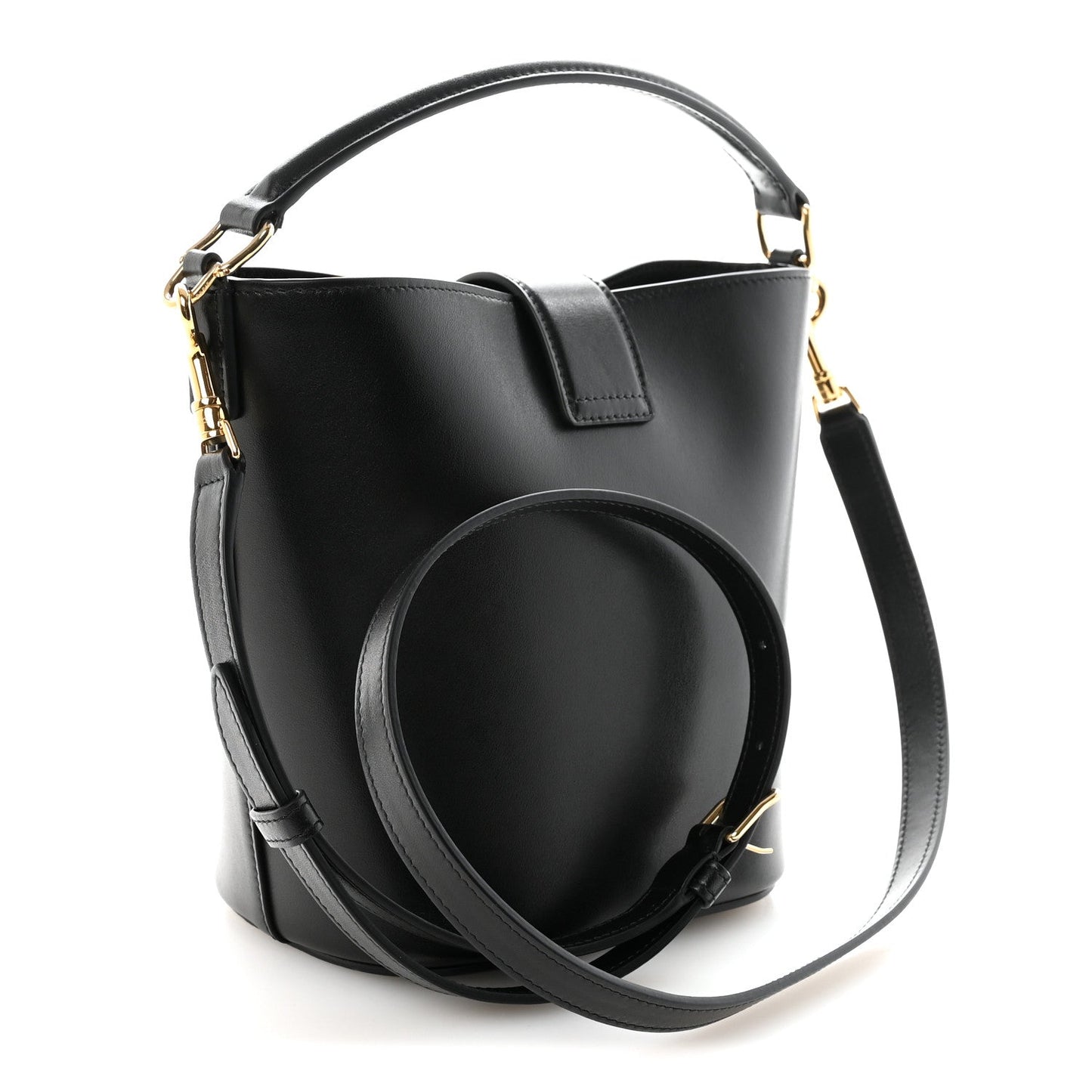 Small black Celine bucket bag with structured top, gold hardware, crossbody strap