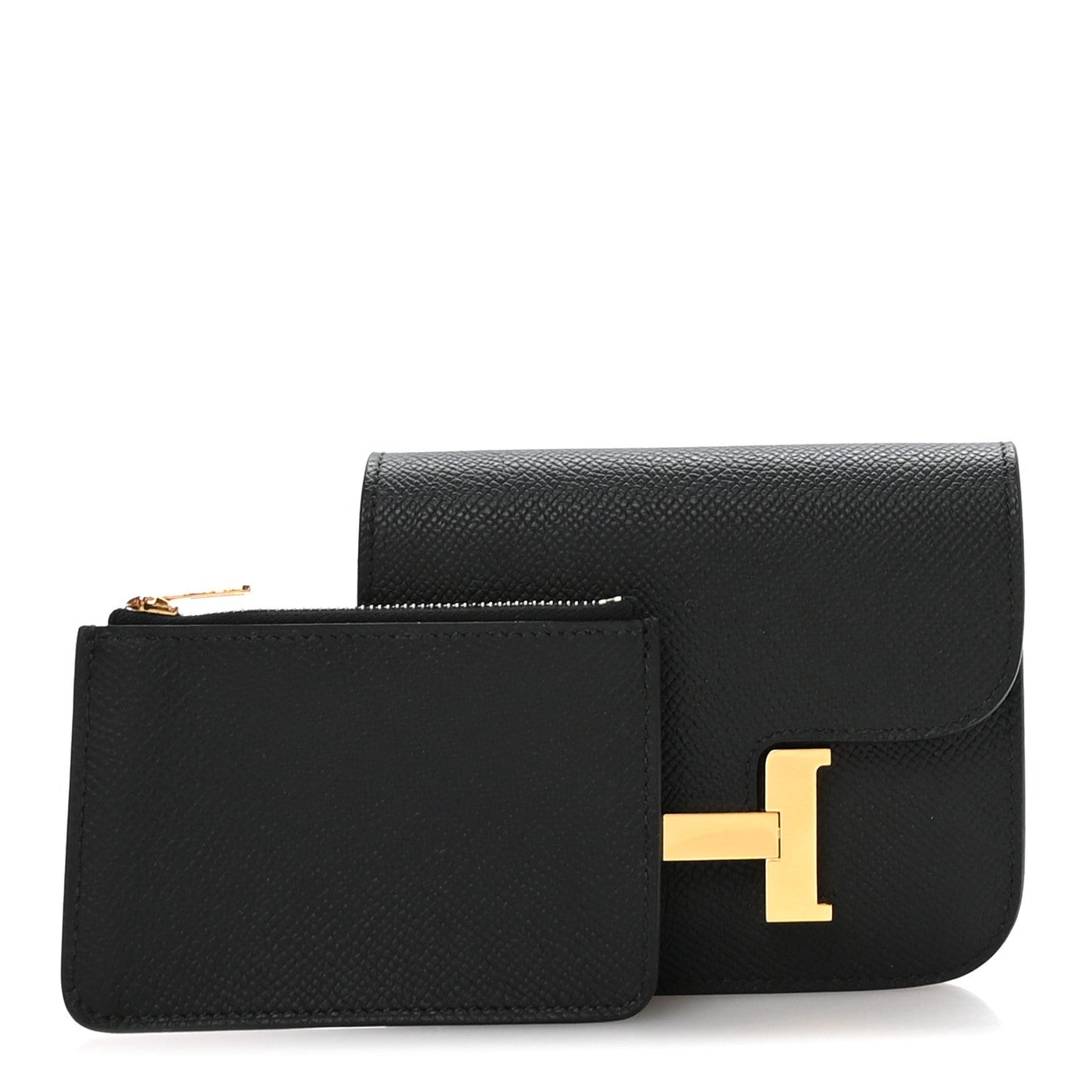 Hermes Constance slim wallet with matching black card holder and gold H clasp